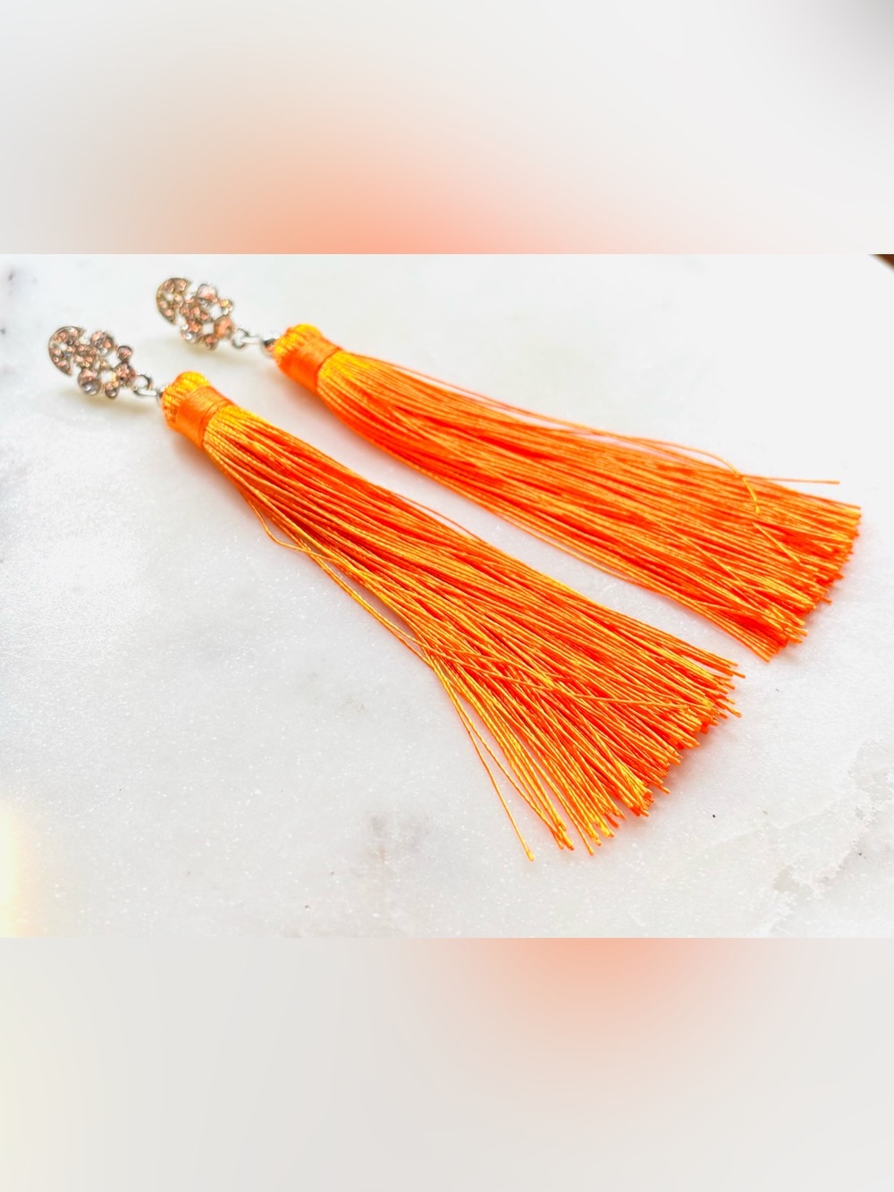 Bright Orange Silk Tassel Earrings with Rhinestone Studs